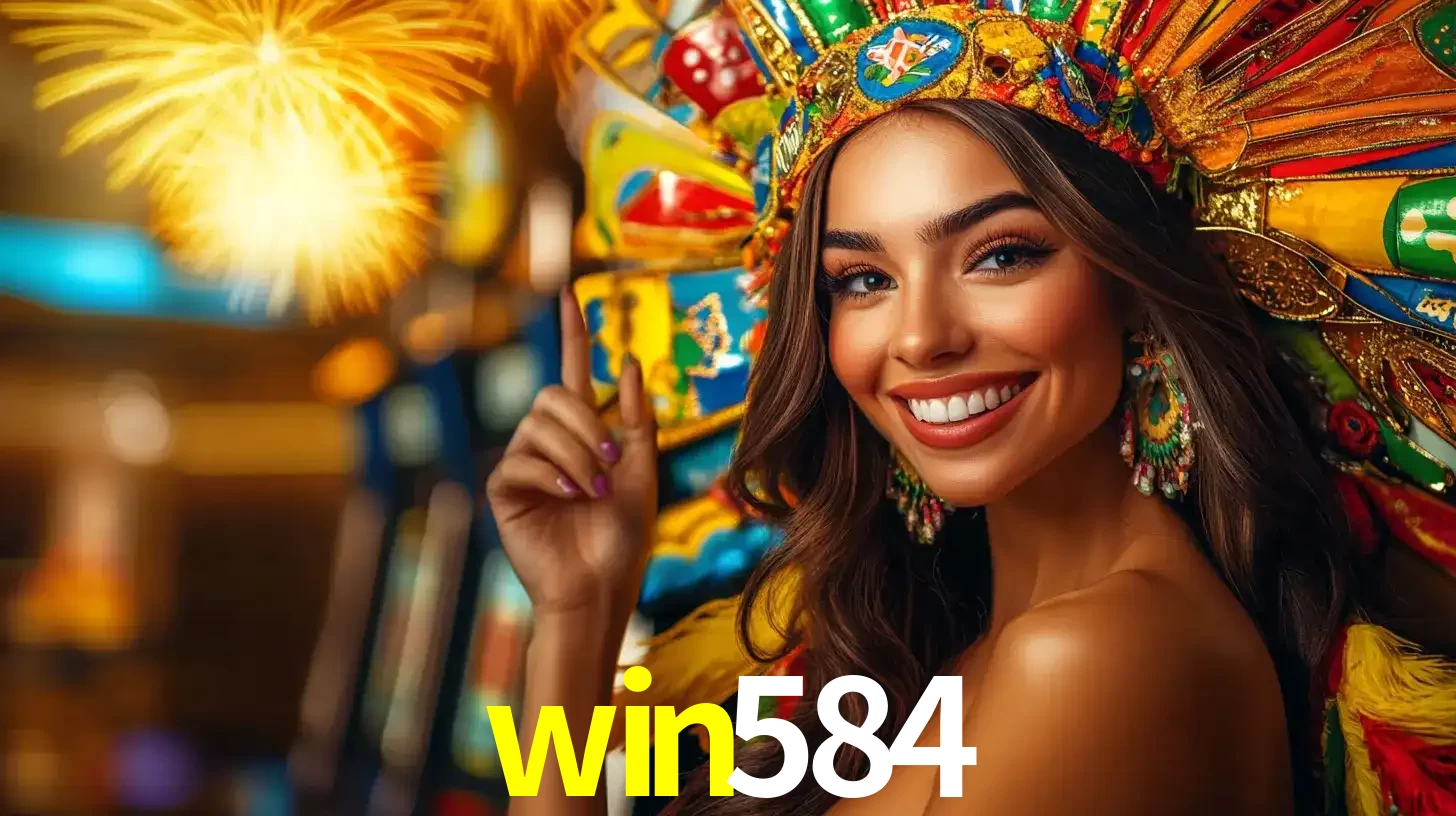 Mulher sorridente com um cocar de carnaval vibrante e colorido, celebrando uma grande vitória nos jogos do cassino win584 com fogos de artifício ao fundo.