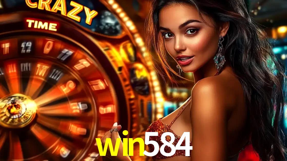 Mulher ao lado da roda de prêmios do jogo de cassino ao vivo Crazy Time, um dos shows de jogos mais emocionantes oferecidos pela plataforma de apostas win584.