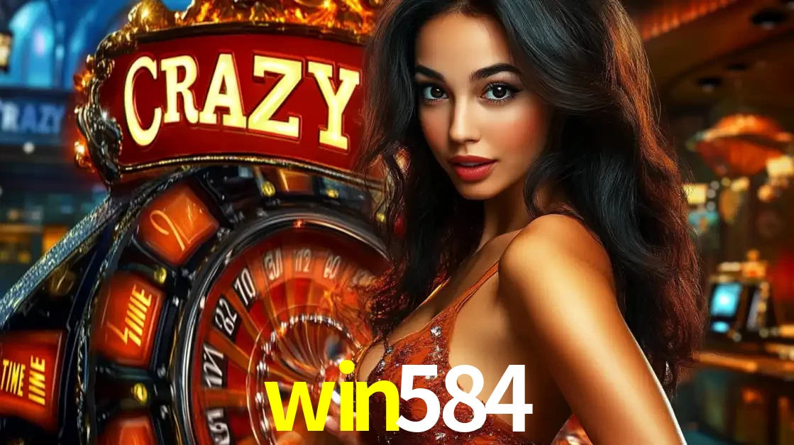 Mulher glamourosa olhando para a câmera com a roda vermelha do Crazy Time ao fundo em um ambiente de cassino, destacando a emoção dos jogos ao vivo no win584.