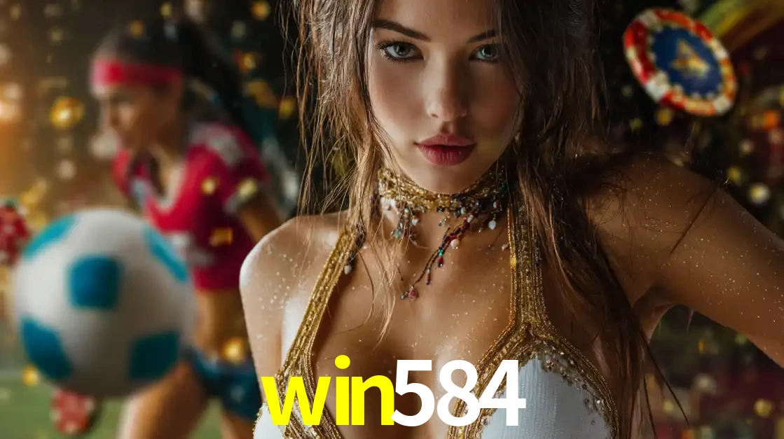 Mulher elegante representando a combinação de glamour e emoção das apostas esportivas, com uma jogadora de futebol ao fundo, destacando a ação no win584.