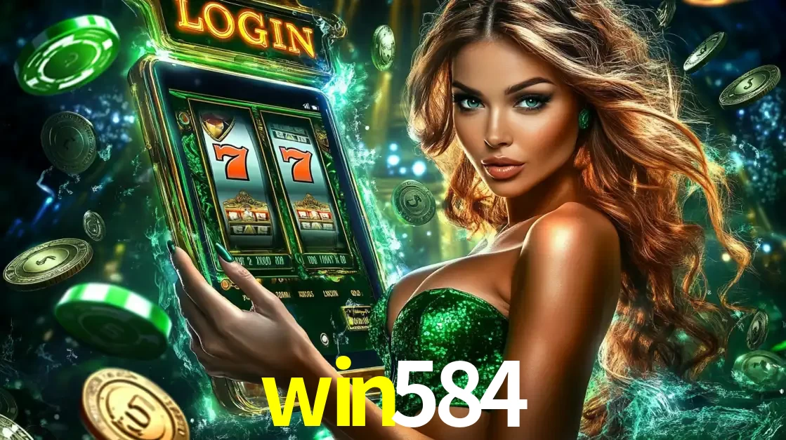 Mulher com tema verde apresentando o aplicativo do cassino win584 com um jogo de slot de 777, cercada por fichas de cassino e uma aura de sorte.