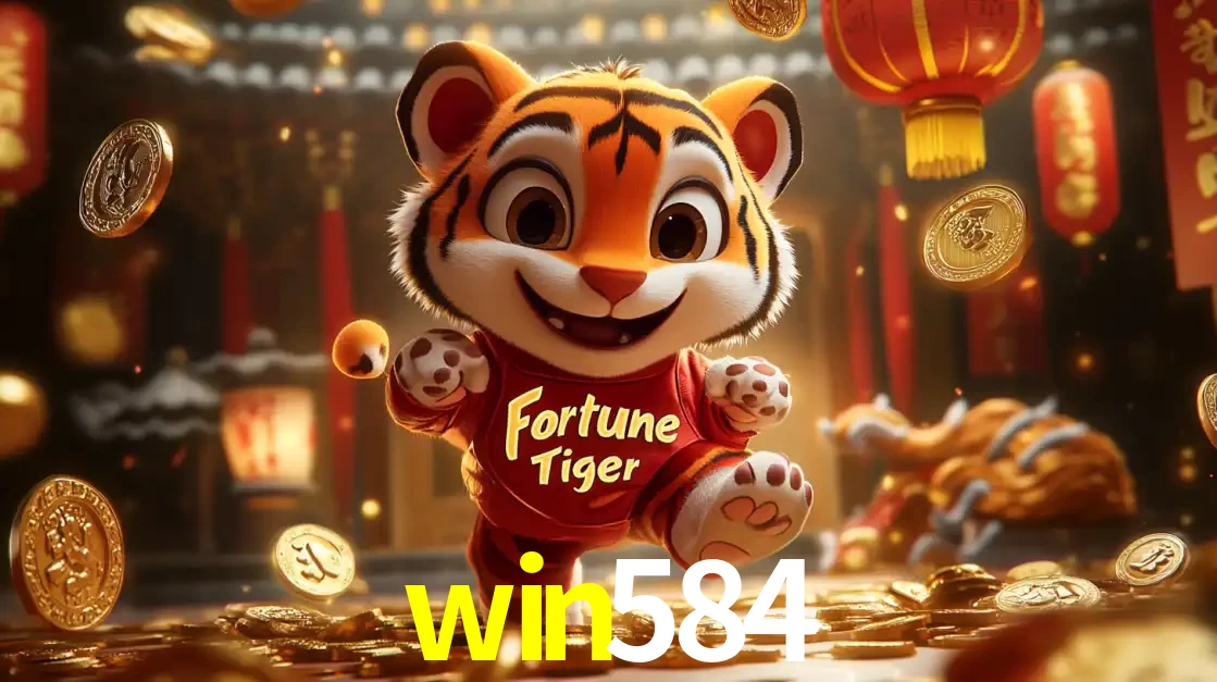 O alegre personagem do Fortune Tiger correndo sobre um caminho de moedas de ouro, simbolizando os grandes prêmios e a diversão do popular jogo de slot do win584.