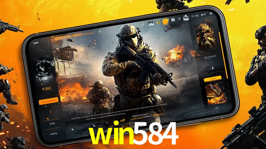 Um smartphone exibindo a interface de um jogo de tiro em primeira pessoa, com um soldado em um cenário de batalha, representando a ação dos e-sports para apostar no win584.