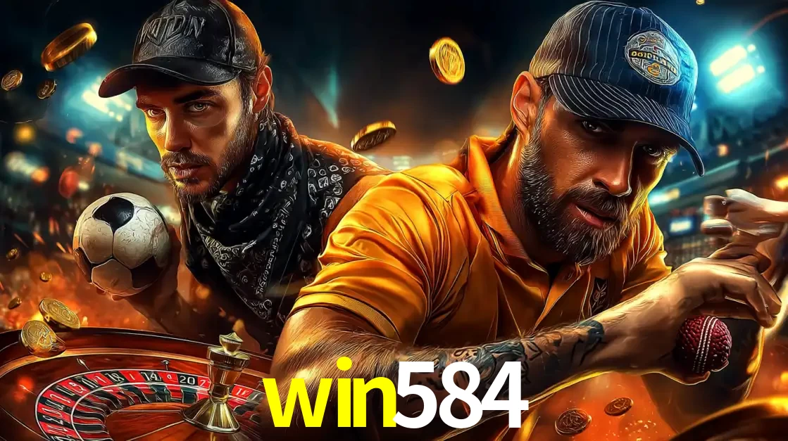 Montagem de apostas esportivas e cassino no win584, com um homem segurando uma bola de futebol e outro uma de beisebol sobre uma roleta e moedas voadoras.