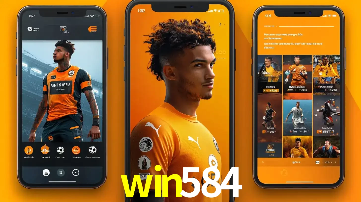 Interface do aplicativo de apostas esportivas win584 em três telas de celular, mostrando o perfil de um jogador de futebol e a lista de jogos disponíveis para apostar.