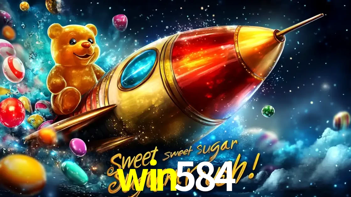 Arte promocional do jogo de slot Sugar Rush, com um urso de pelúcia em um foguete viajando pelo espaço de doces, um dos jogos divertidos disponíveis no cassino win584.
