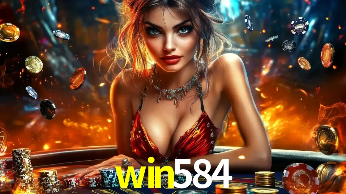 Mulher em uma mesa de cassino com pilhas de fichas e um fundo de fogo, pronta para uma rodada de altas apostas nos jogos de mesa emocionantes do cassino win584.