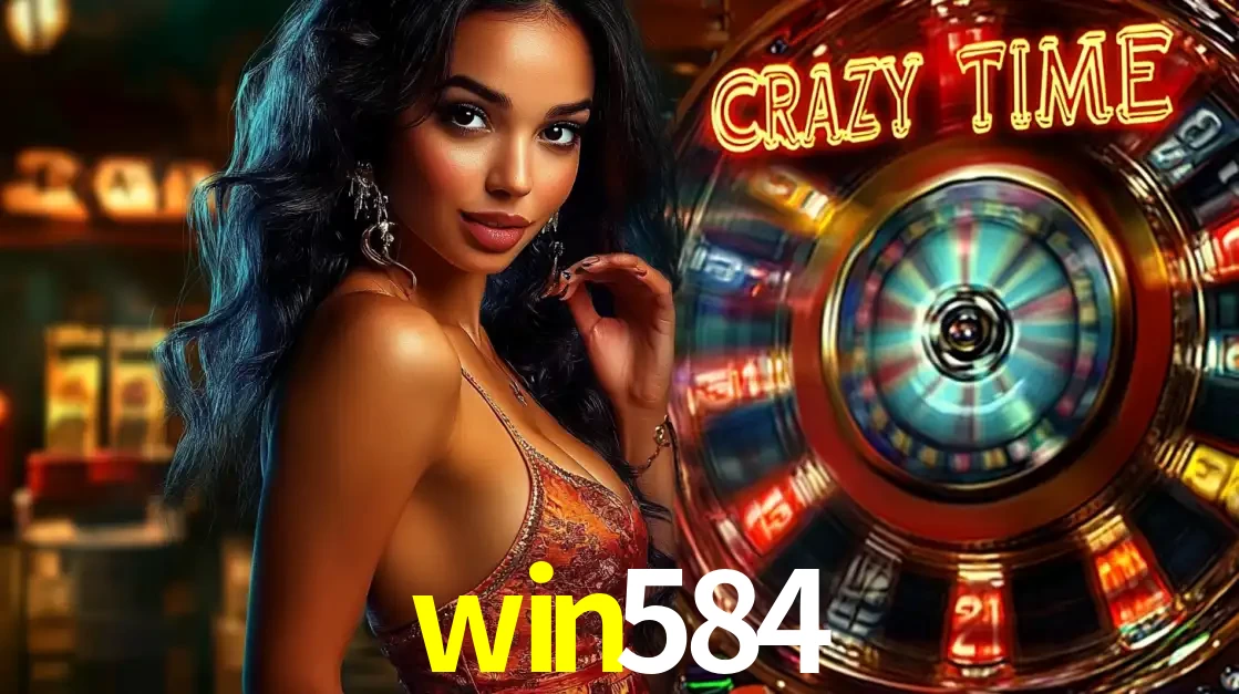 Mulher elegante ao lado da vibrante roda da fortuna do jogo de cassino ao vivo Crazy Time, um dos game shows mais populares e cheios de prêmios do win584.