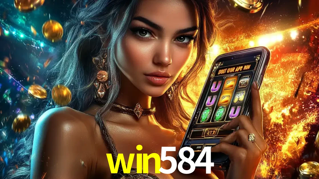 Mulher elegante mostrando um jogo de caça-níqueis em seu smartphone, destacando a experiência de cassino móvel oferecida pelo aplicativo win584.