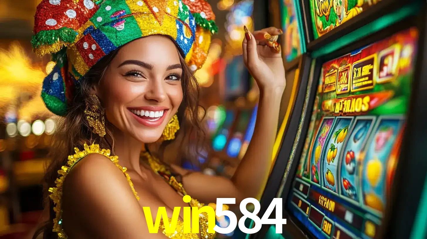 Mulher feliz com traje de carnaval amarelo e colorido ao lado de uma máquina de caça-níqueis, aproveitando a diversão e os jogos temáticos do cassino win584.