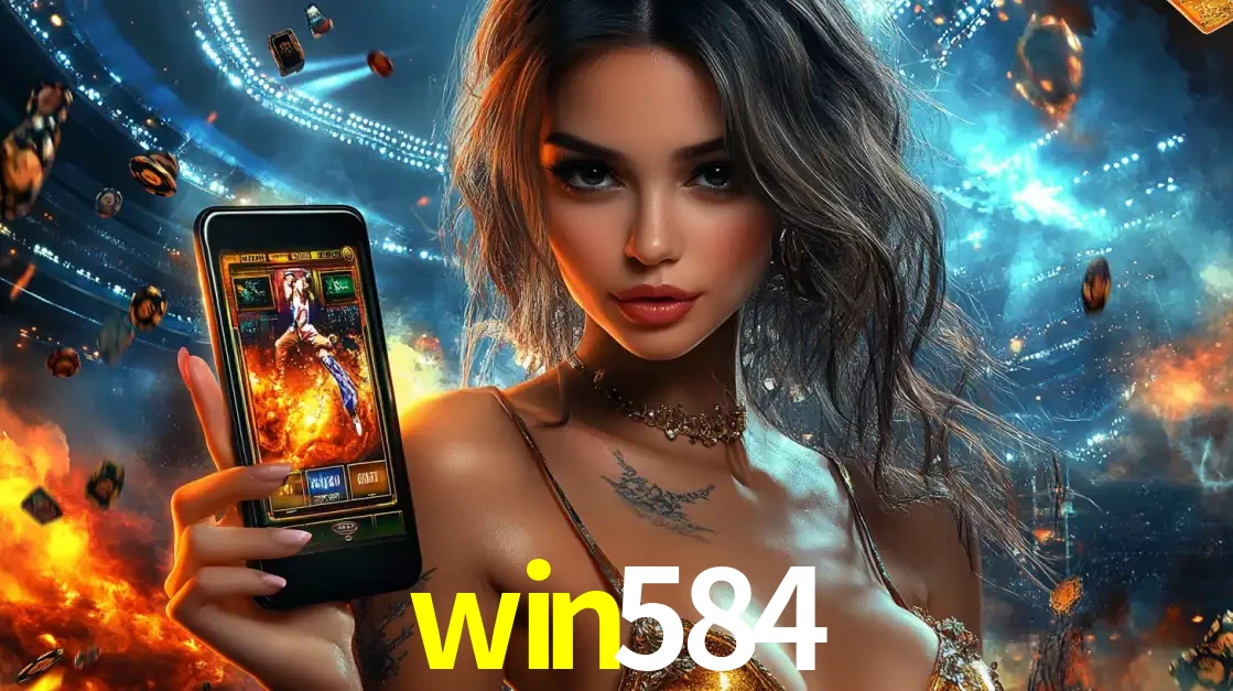 Mulher segurando um celular com um jogo de slot em destaque, tendo como fundo um estádio vibrante, simbolizando a emoção de jogar no cassino móvel win584.
