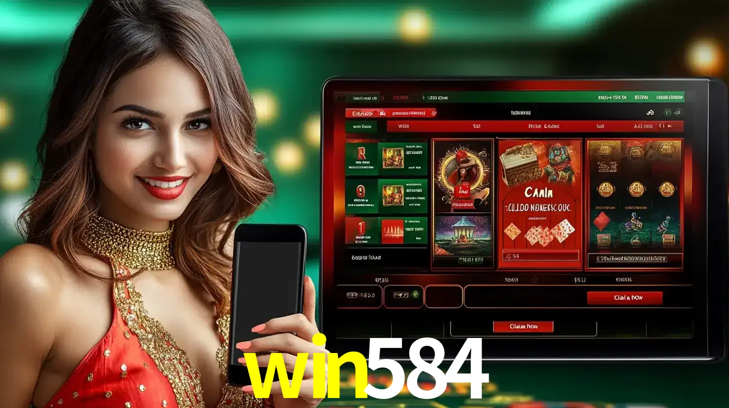Mulher sorridente segurando um smartphone, ao lado de uma tela exibindo o lobby de jogos do cassino online win584, com várias opções de jogos de cartas e slots.